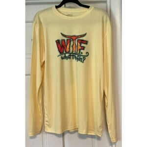 WHAT THE FIN? Shirt Mens Large Yellow UPF 50 Beach Turtle Performance Rashguard